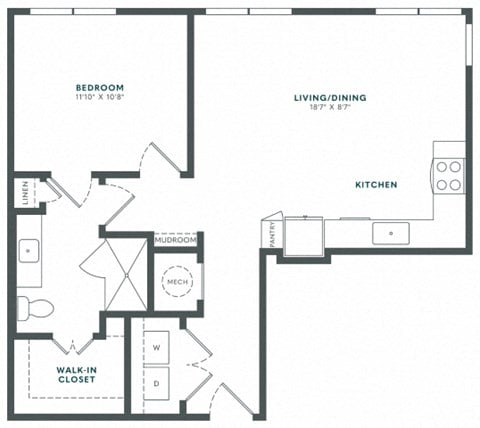 Floor plan for 1 bed, 1 bath, 734 sqft